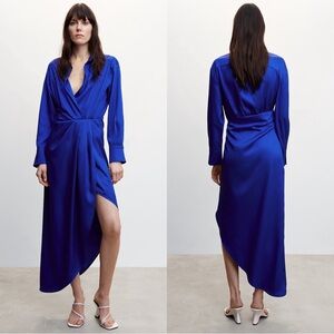 MANGO NWT Royal Blue Satin Long Sleeve Asymmetrical Draped Midi Maxi Shirt Dress